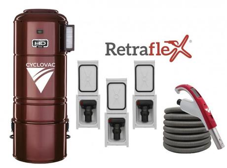 CYCLOVAC PRHD925R3-0X- Central vacuum HD925 hybrid with 3 Retraflex retractable hose inlets including attachments and the installation kit combo.