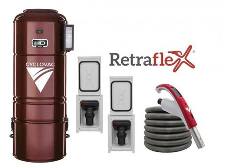 CYCLOVAC PRHD925R2-0X- Central vacuum HD925 hybrid with 2 Retraflex retractable hose inlets including attachments and the installation kit combo.