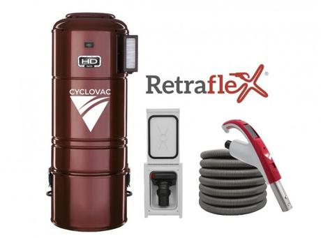 CYCLOVAC PRHD925RE-0X- Central vacuum HD925 hybrid with 1 Retraflex retractable hose inlet including attachments and the installation kit combo.