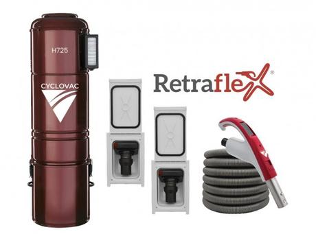 CYCLOVAC PRH725RE2-0X- Combo Retraflex - Central vacuum 725 - Hybrid with 2 Retraflex retractable hose inlets including attachments and the installation kit