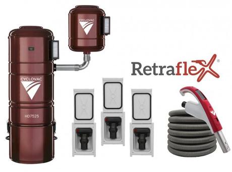 CYCLOVAC PRH7525R3-0X- Combo Retraflex - Central vacuum 7525 - Hybrid with 3 Retraflex retractable hose inlet including attachments and the installation kit