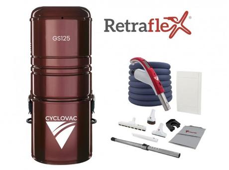CYCLOVAC PROS125RE-0XXV- Central vacuum 125 with bag - 1 Retraflex retractable hose with Softtouch cover - Inlet including attachments and the installation kit combo